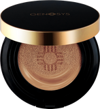 Genosys makeup compact with black and gold lid on a white background